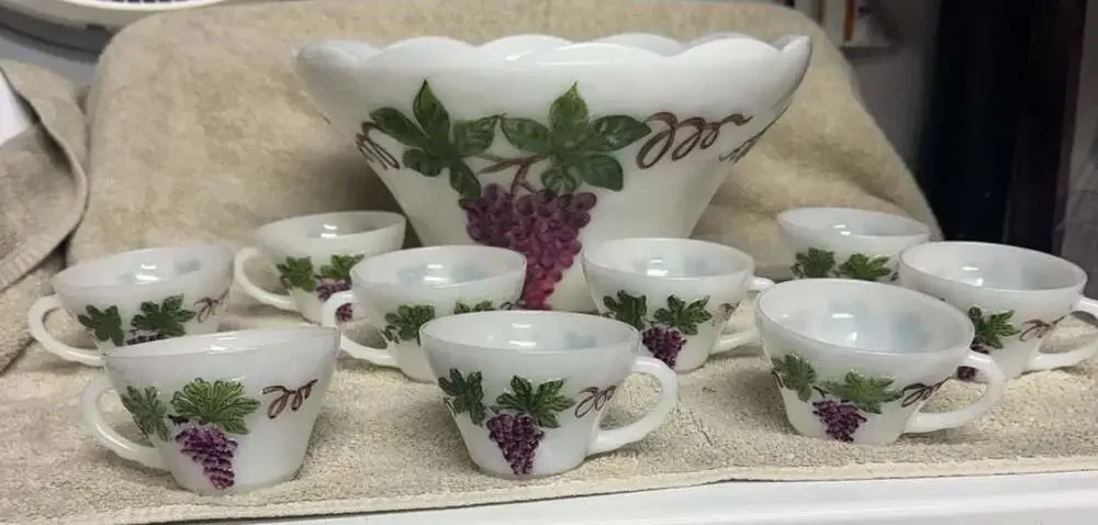 Vintage Anchor Hocking Milk Glass Grapevine Pattern Punch Bowl Set